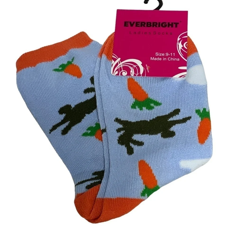 Everbright Easter Socks Women’s Bunny Carrots 9-11 Blue Multicolor